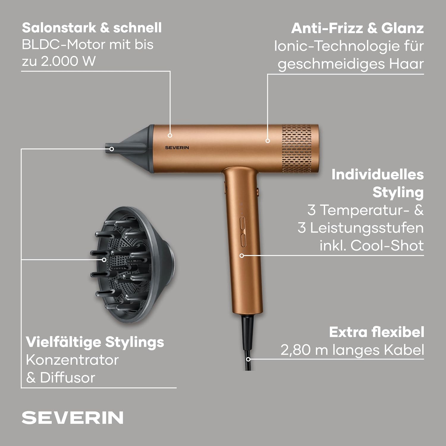 Detalle de SEVERIN S-Style Speed Pro Haartrockner copper HT 0172 – Leistung trifft Styling in eigenen vier Wänden
