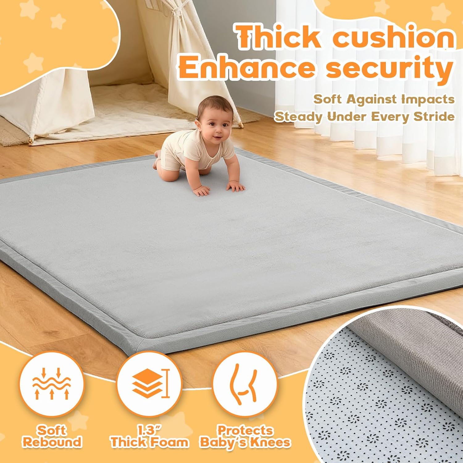 Detalle de RONGFA 71" x 59" Baby Play Mat, 1.3" Memory Foam, Coral Velvet