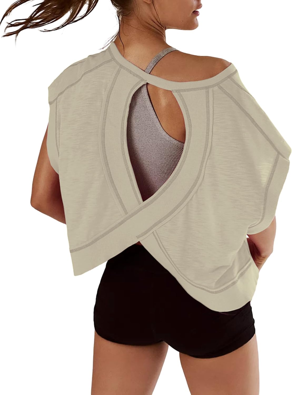Thumbnail 6 de Kumufenc Women’s Short Sleeve Open-Back Workout Shirts (Relaxed Slouchy Crop Tees)