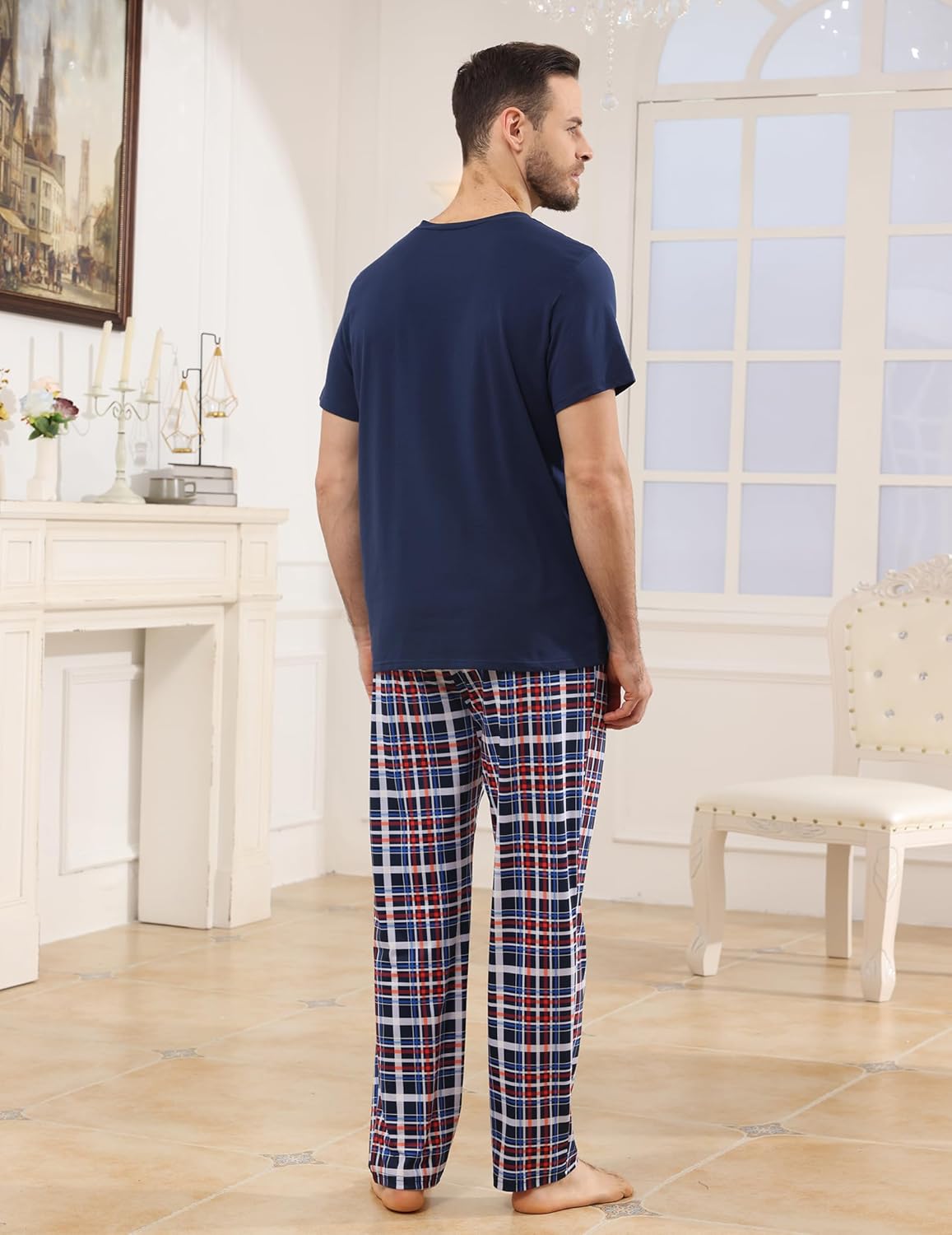 Thumbnail 2 de TeJoyce Men's Pyjamas Set: Cotton Short Sleeve Top & Plaid Long Pants (2-Piece) for Lounge and Sleep