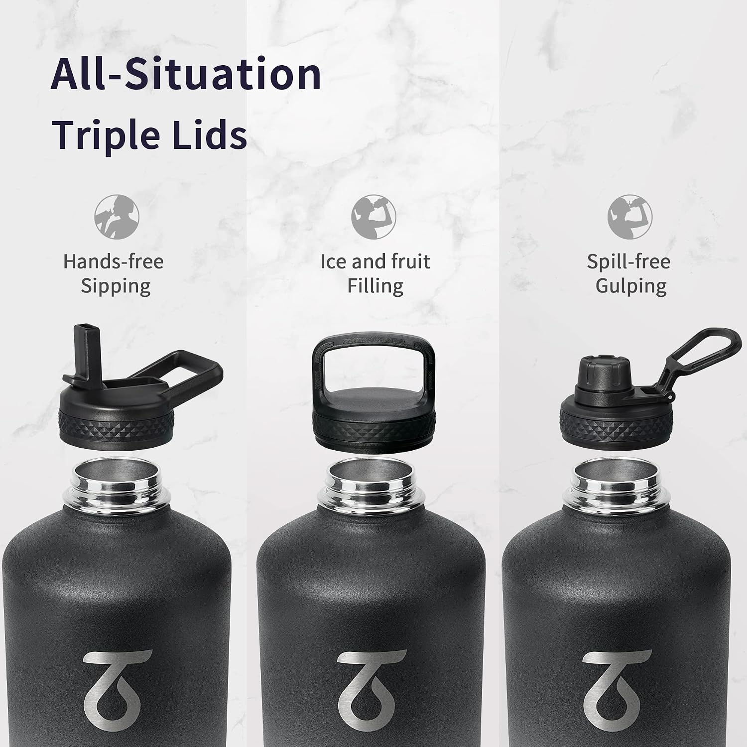Detalle de Trebo One Gallon Insulated Water Bottle (128oz) with Paracord Handle, Double-Wall Stainless Steel, Leakproof Lids