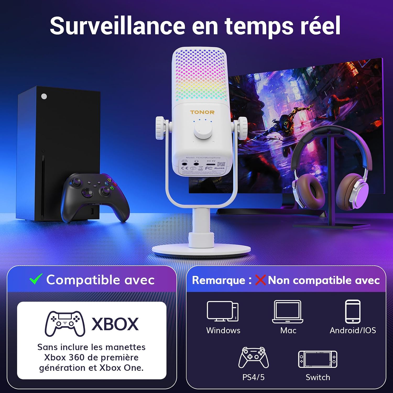 Thumbnail 1 de TONOR TCX3 gamingmicrofoon met RGB, bediening en tot 30 uur gebruik