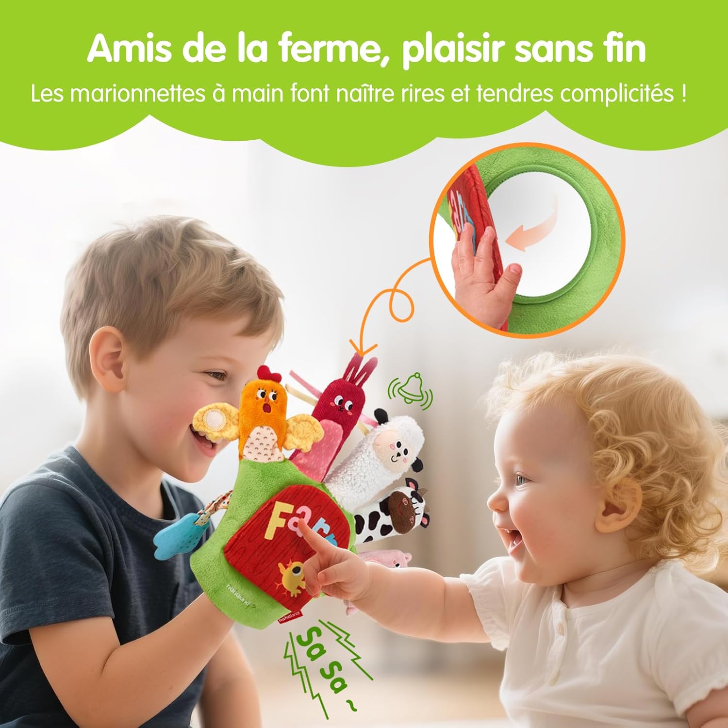 Detalle de hahaland Jouet bébé 6-12 mois : marionnettes d’animaux de la ferme avec anneau de dentition et papier froissé
