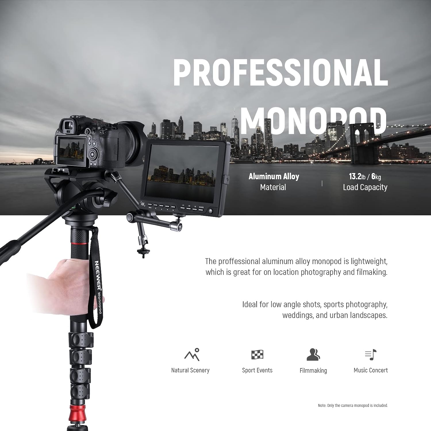 Detalle 2 de NEEWER GM76 Professional Camera Monopod with Feet, Fluid Pan Tilt Head & Removable Tripod Base