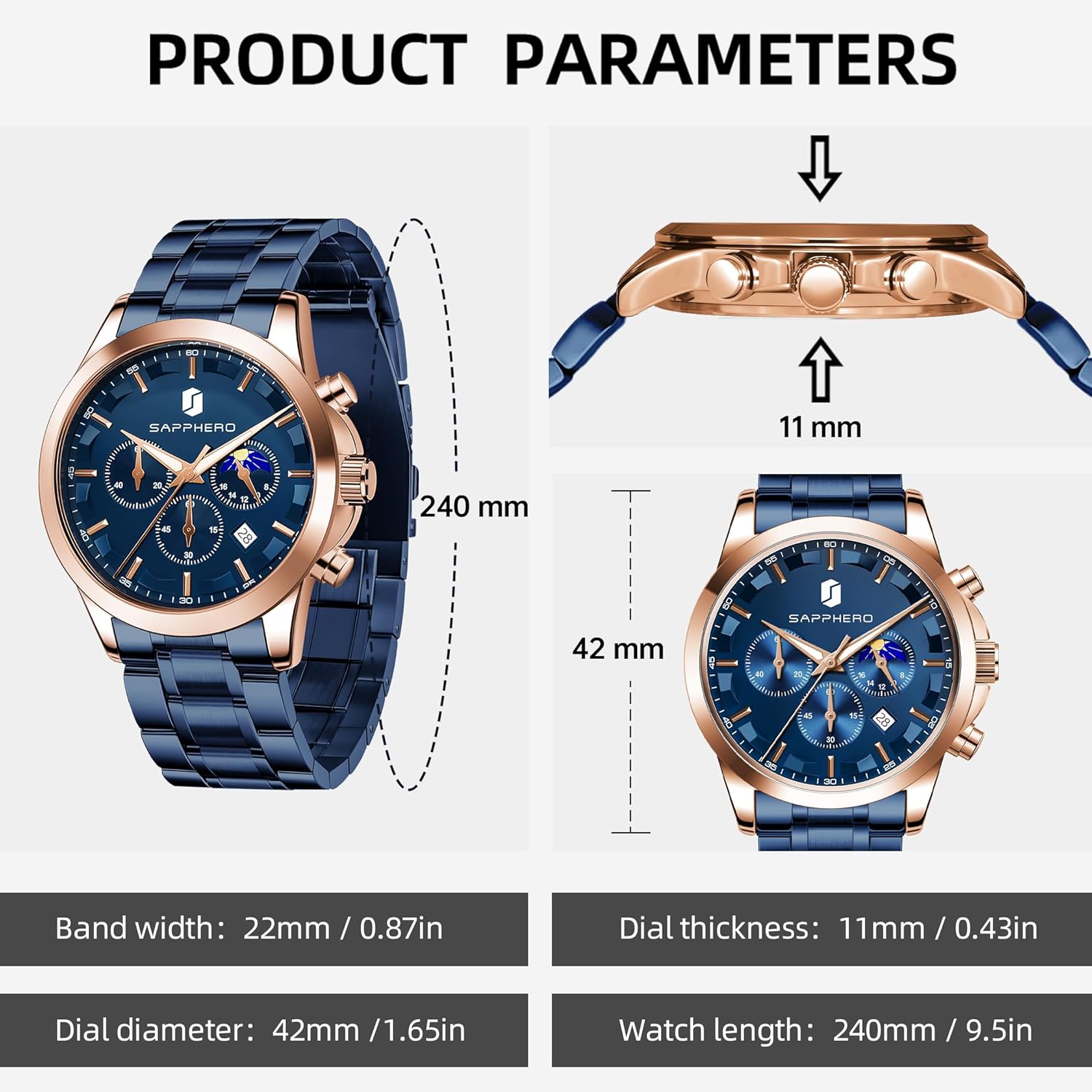 Thumbnail 3 de BENYAR BY Orologio da uomo al quarzo analogico in acciaio inox con cinturino marrone e cronografo – stile raffinato per ogni occasione