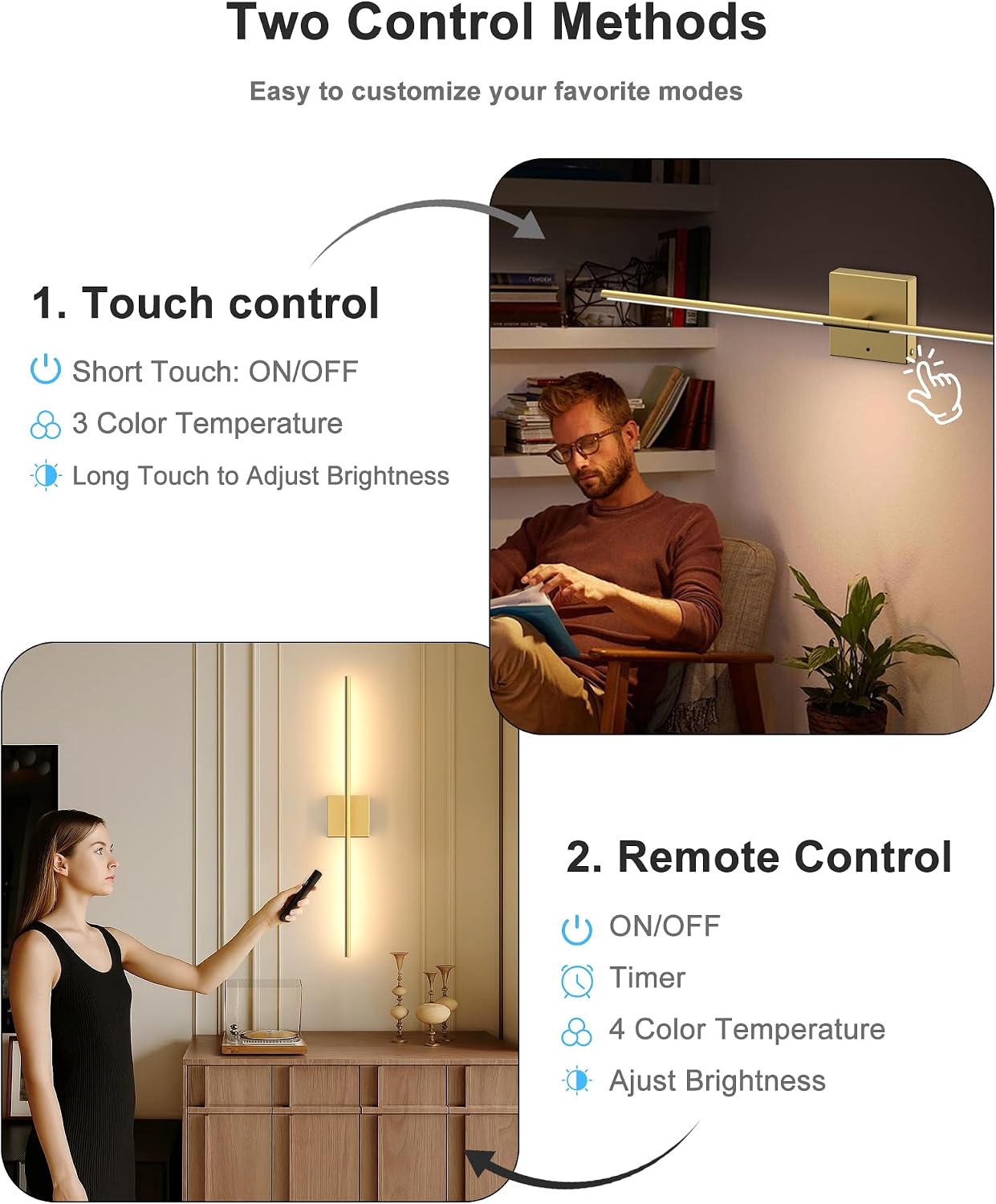 Thumbnail 6 de iThird New-MDG2P Rechargeable Wall Sconces, Set of 2, Gold, Dimmable