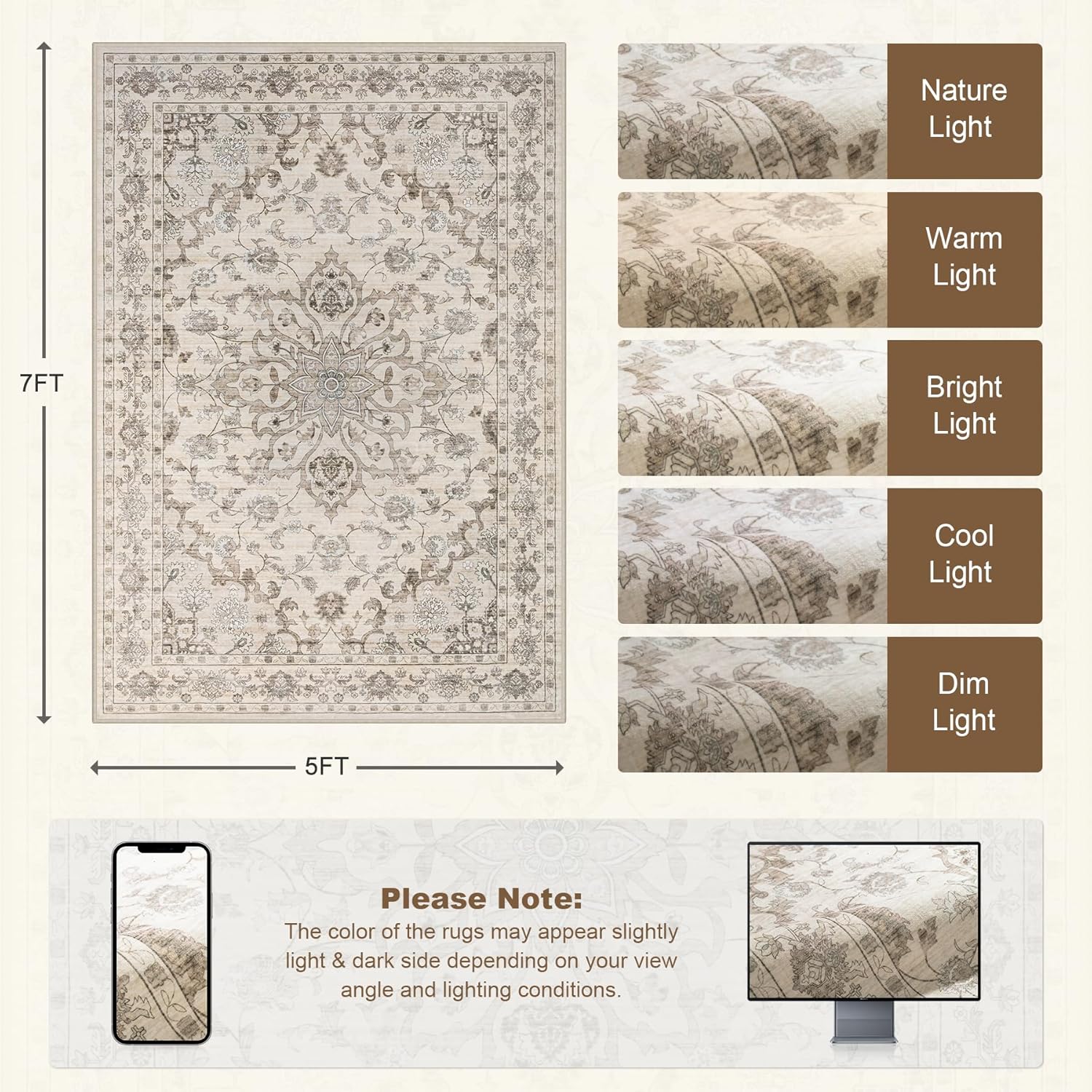 Thumbnail 1 de ExpediX 5x7 Washable Vintage Distressed Floral Area Rug (Non-Slip, Stain Resistant) for Living Room, Bedroom, and More