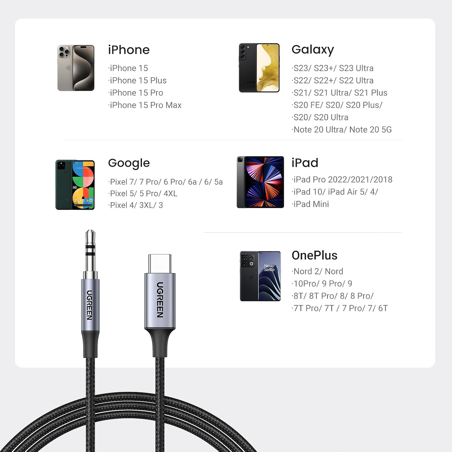 Detalle 1 de UGREEN USB-C-naar-3,5mm-kabel met DAC, gevlochten nylon en lengte van 1 m