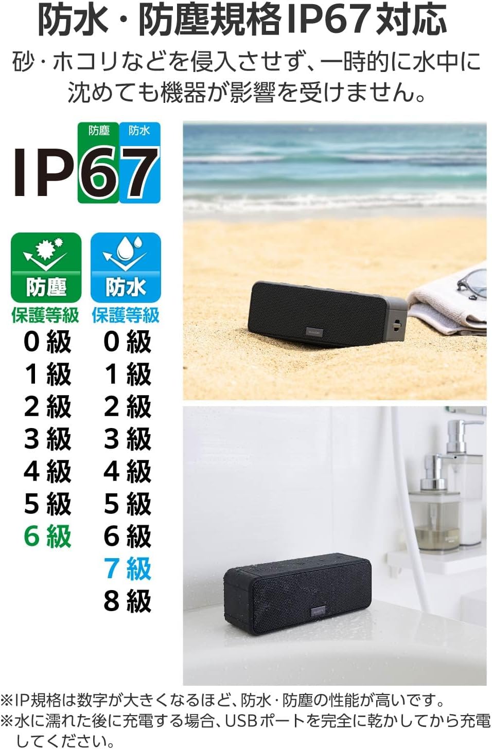 Detalle de エレコム LBT-SPP02BK 防水ポータブルスピーカー IP67・15W・最大18時間再生