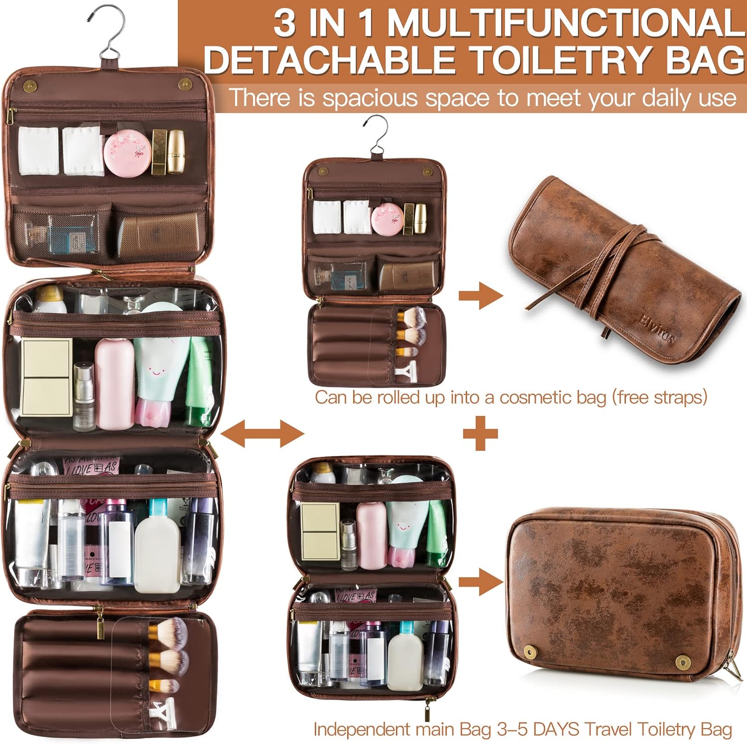 Thumbnail 1 de Elviros 3-in-1 Hanging Travel Toiletry Bag for Men – Dark Brown