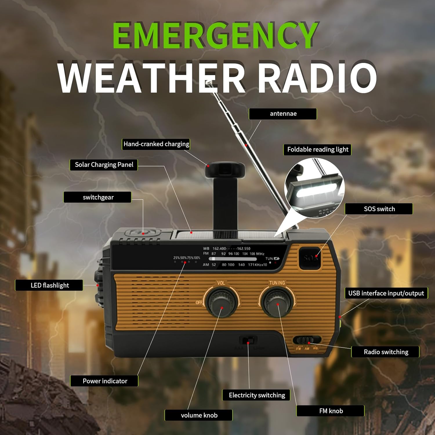 Thumbnail 1 de SOLARBABY Wind Up Solar Radio — AM/FM Weather Emergency Crank Radio with LED Torch and 4000 mAh Battery (Orange)