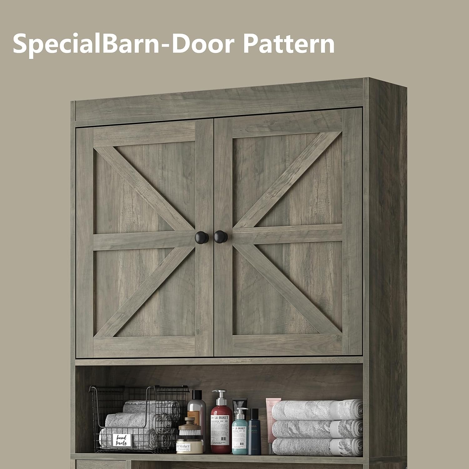 Thumbnail 6 de Furnideco OT004-GR Over-the-Toilet Storage Cabinet with Barn Doors, 6 Shelves
