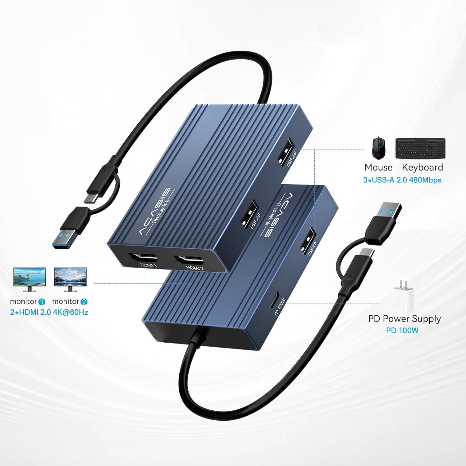Thumbnail 1 de ACASIS USB-C to Dual HDMI DisplayLink Docking Station (4K@60Hz) with 2 HDMI outputs, 3 USB-A ports, and 100W PD charging