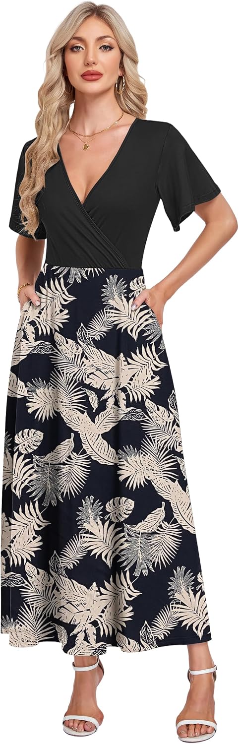 Detalle de AUSELILY Maxikleid Damen – Sommerliches, lockeres Maxi-Kleid mit V-Ausschnitt und Taschen