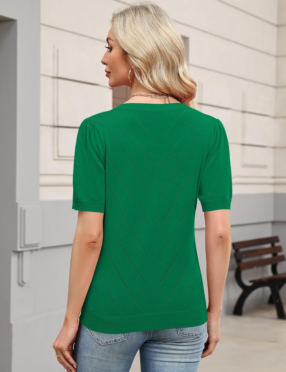Detalle de LOMON Women's Puff Sleeve Lightweight V-Neck Knit Top — Versatile Summer to Fall Workwear