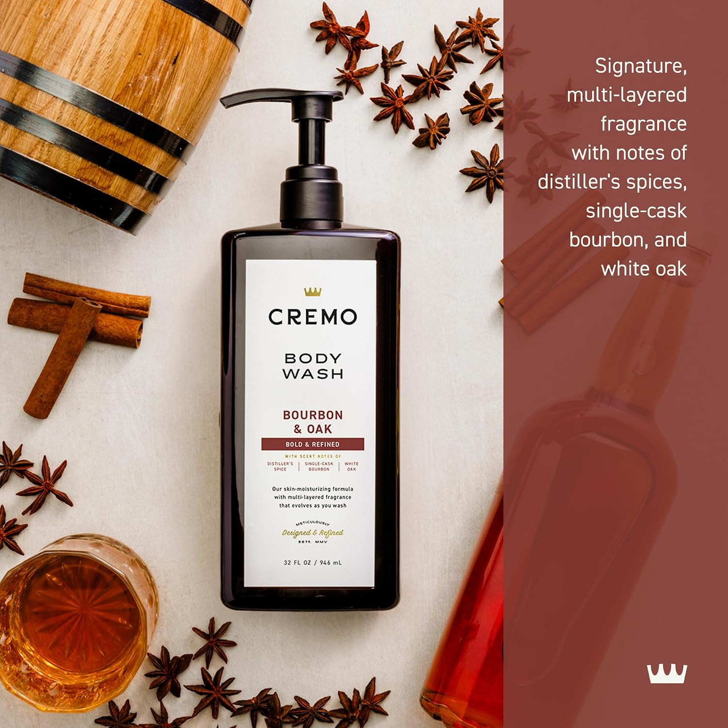 Detalle 2 de Cremo Bourbon & Oak Body Wash for Men, 32 fl oz, Rich Lather