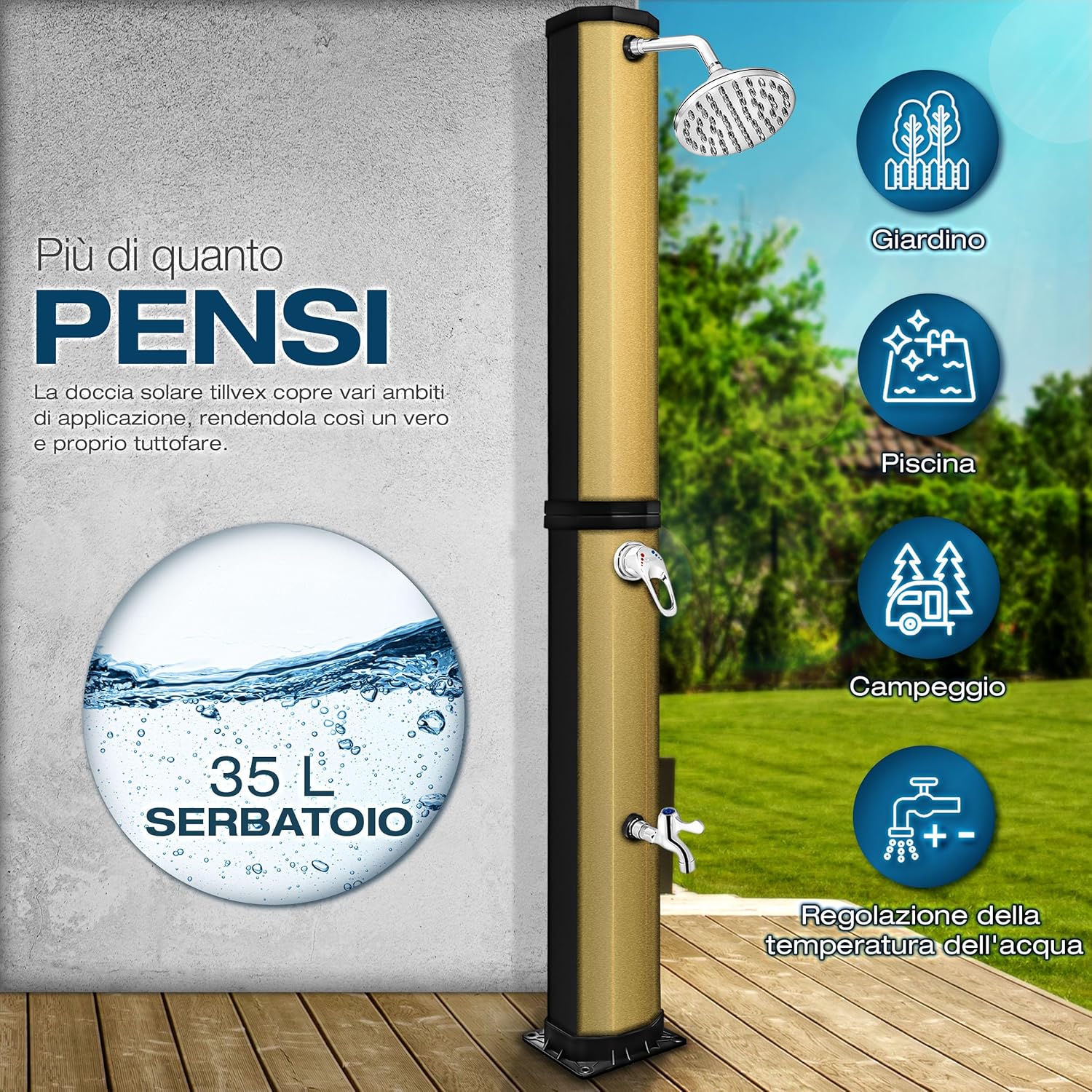 Thumbnail 1 de Tillvex Doccia Solare con Coperchio di Protezione, 35 L, Nero/Oro – Doccia da giardino a energia solare