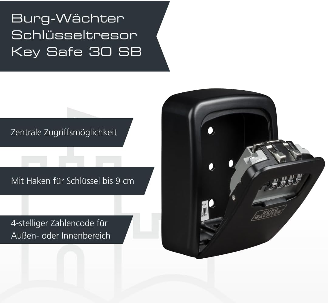 Detalle 2 de Burg-Wächter Schlüsseltresor 30 SB – 4-stelliger Zahlencode, Wandmontage, Zinkdruckguss, Schwarz