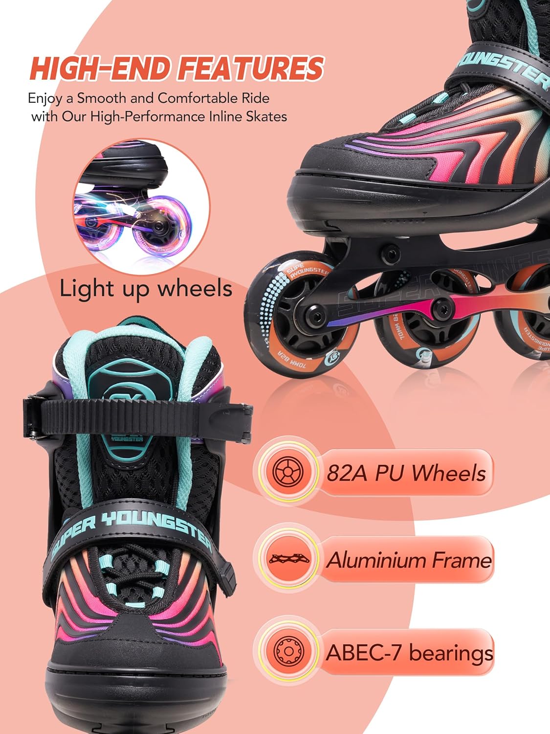 Detalle 2 de SUPER YOUNGSTER Adjustable Light-Up Inline Skates for Kids (4–12) with Durable Build