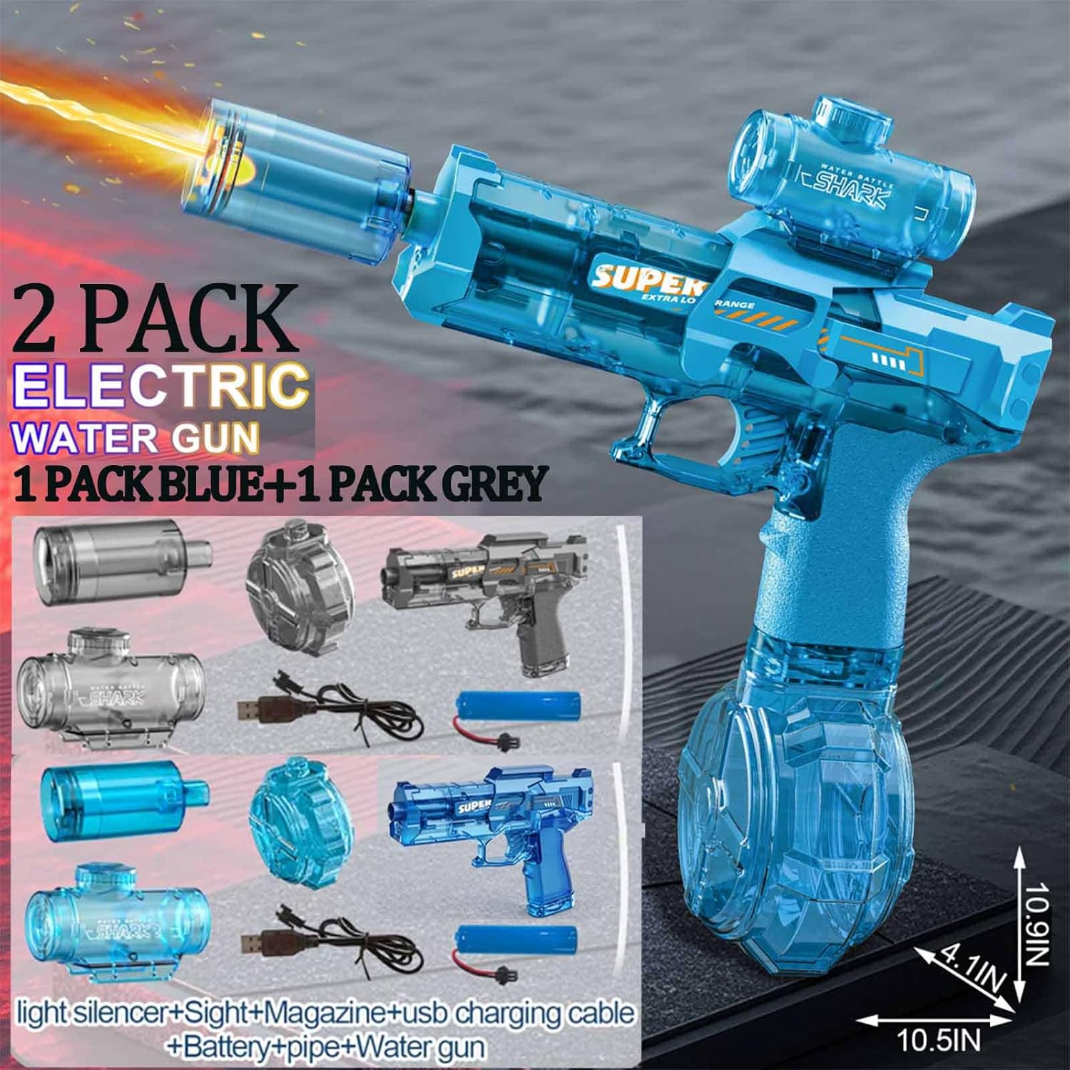 Detalle de 2-Pack Electric Water Guns for Adults and Kids with LED Lights – Ultra Long Range, 320cc Capacity (Grey + Blue)