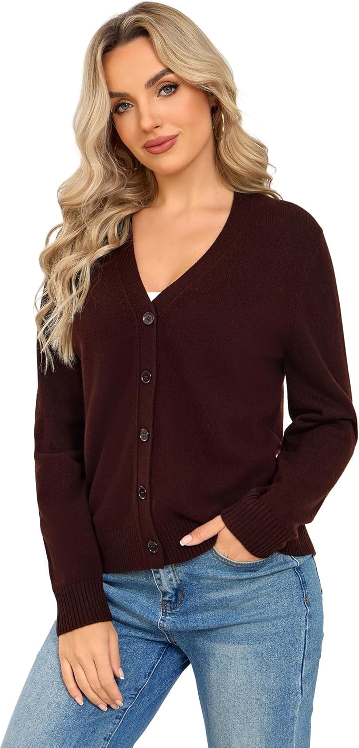 Detalle 2 de VETLURY Damen-Strickjacke aus 100% Merinowolle – V-Ausschnitt, grob offen, Perlmuttknöpfe