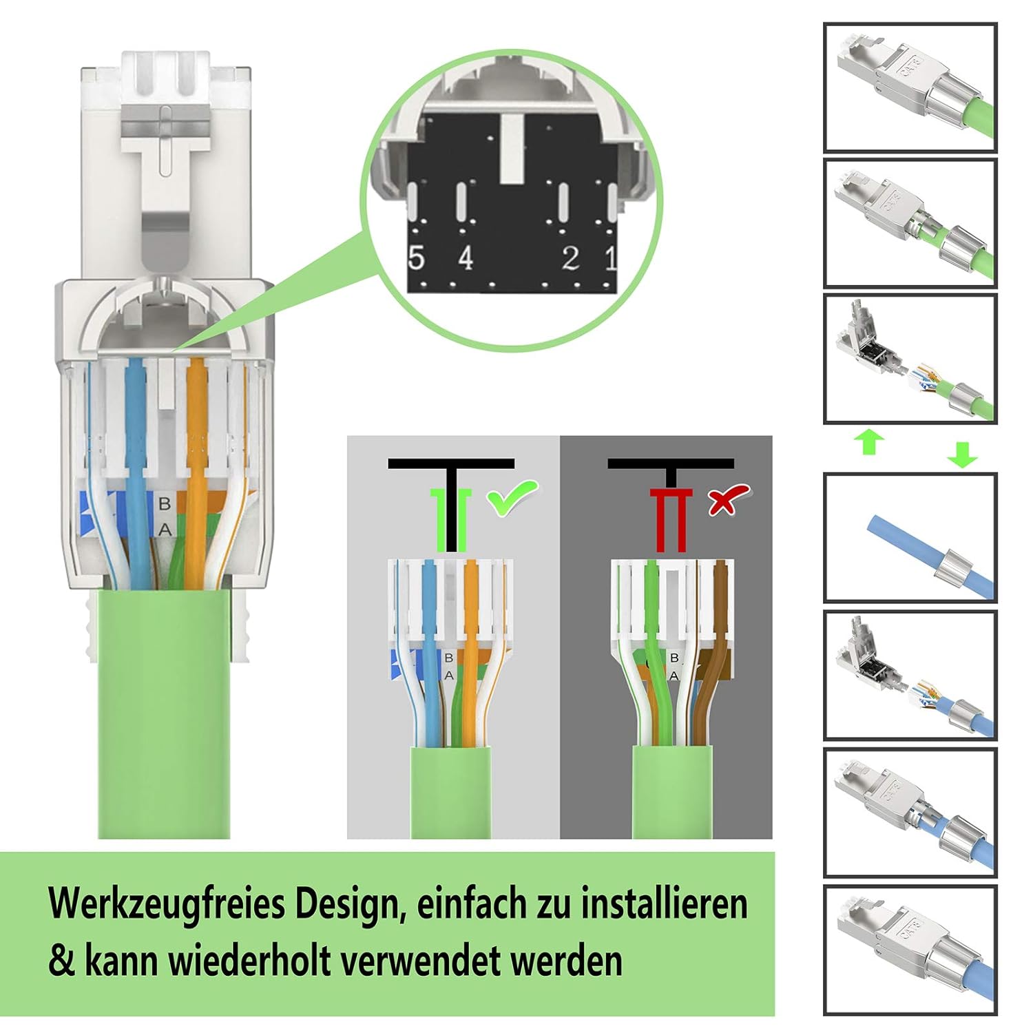Detalle 2 de VCELINK RJ45 Stecker Werkzeuglos für Verlegekabel Cat8/Cat7 – 2 Stück
