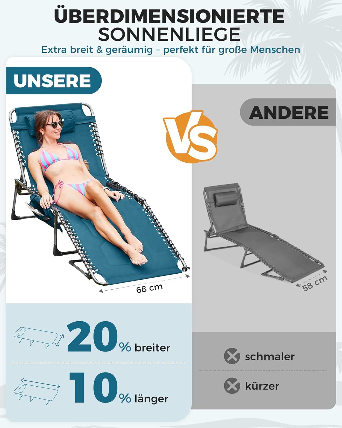 Detalle 2 de KingCamp Übergroße Sonnenliege Klappbar 5‑Fach Verstellbar – 200 x 68 cm, bis 200 kg