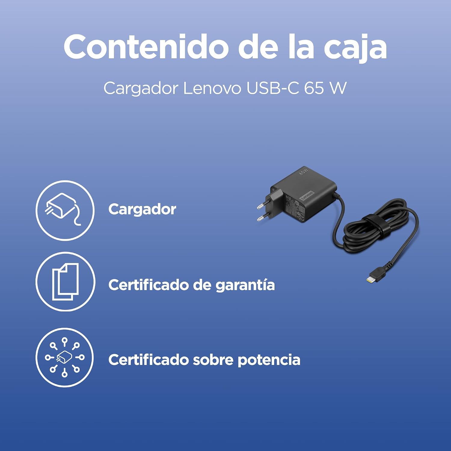 Detalle de Lenovo Adaptador de Pared USB-C de 65 W con Carga Rápida y Cable de 1,7 m