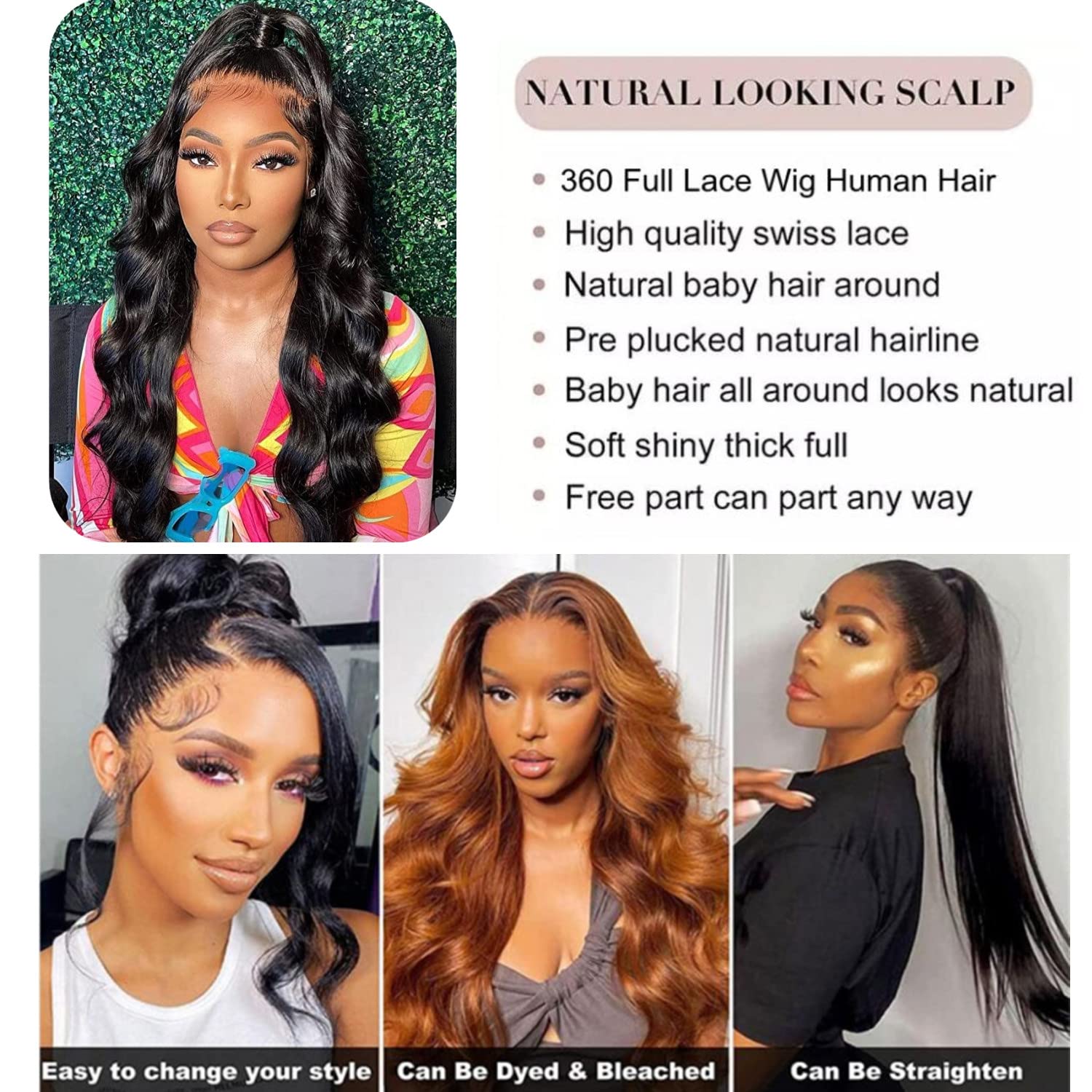 Detalle de Catti 360 Lace Front Wig, 22-Inch Body Wave Human Hair with HD Lace