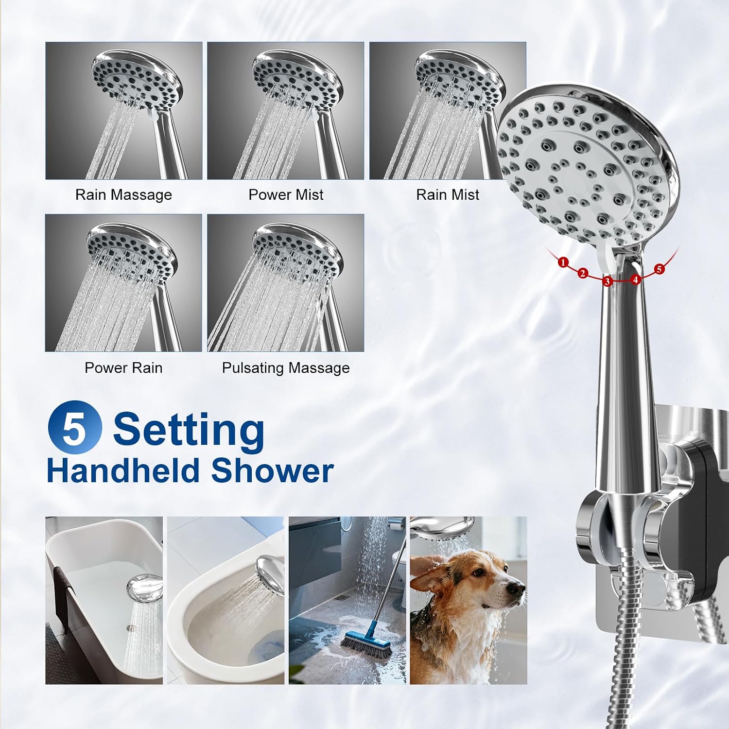 Detalle de NERDON Shower Head Dual Showerhead, 8-Inch Square Rainfall, 5-Mode Handheld, Chrome