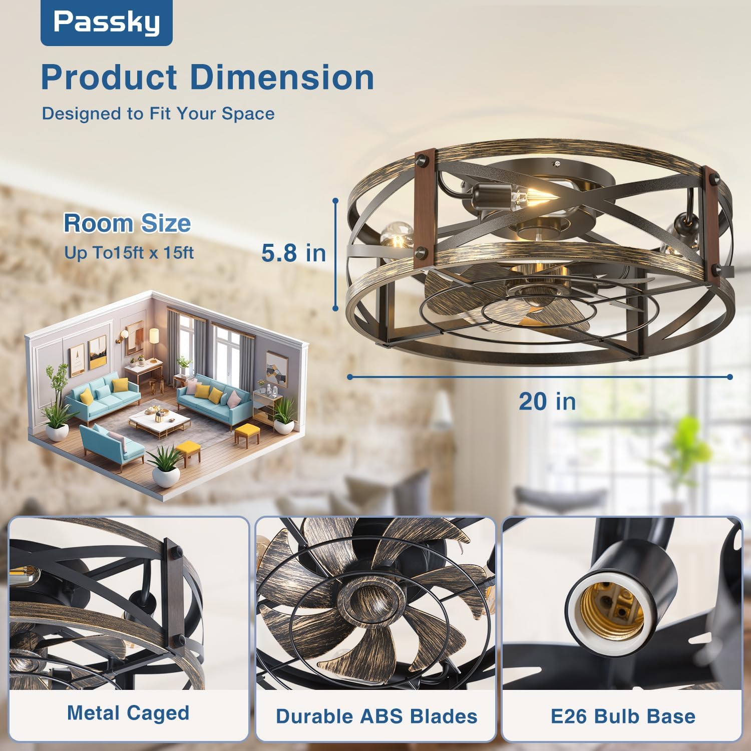 Thumbnail 3 de Passky 20" Farmhouse Flush Mount Ceiling Fan with Lights and Remote — Industrial Black Cage, 6-Speed DC Motor