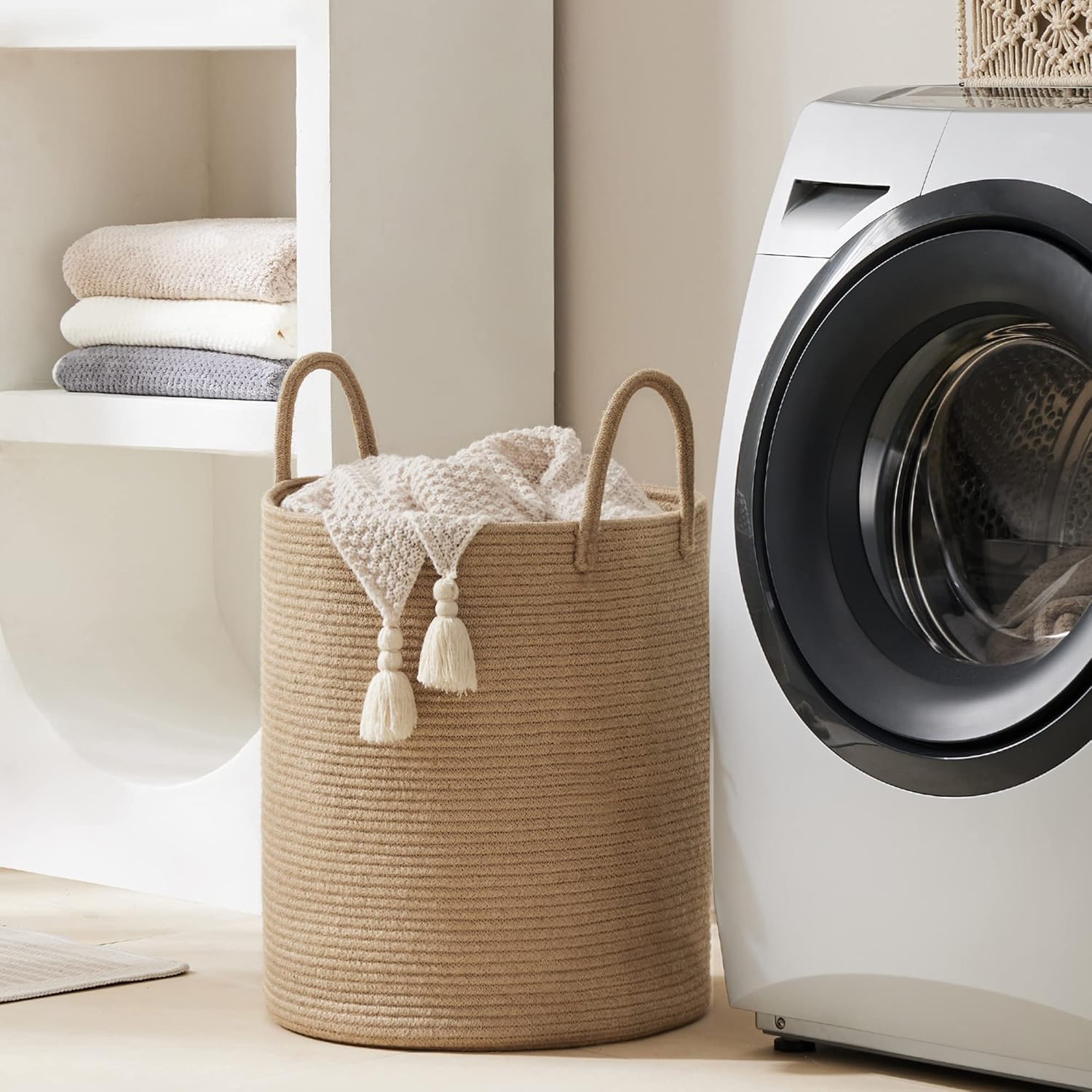Detalle de YOUDENOVA YDSLD007 Jute Rope Laundry Hamper, 58L, Round and Foldable