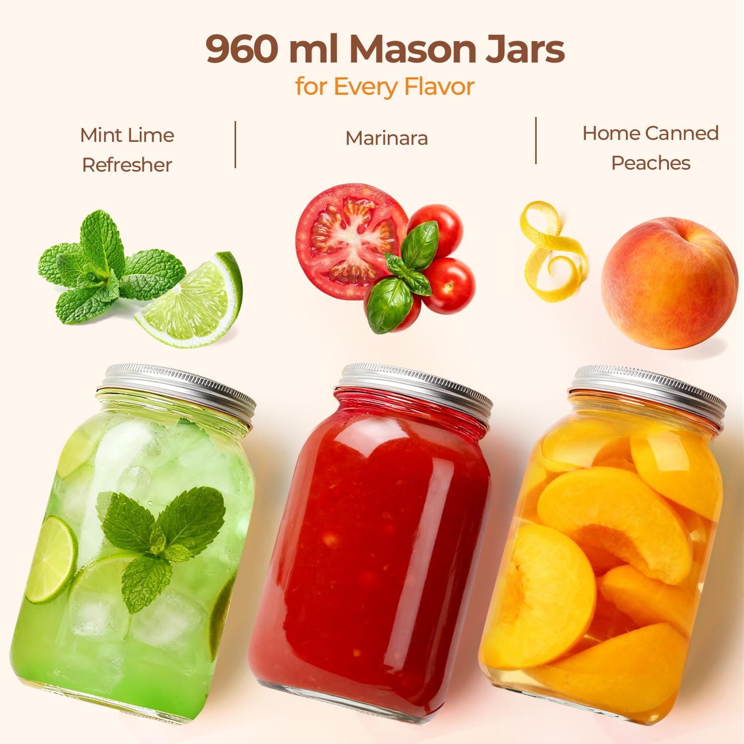 Detalle de ComSaf Wide Mouth Glass Mason Jars, 960 ml, 2 Pack with Two-Piece Lids