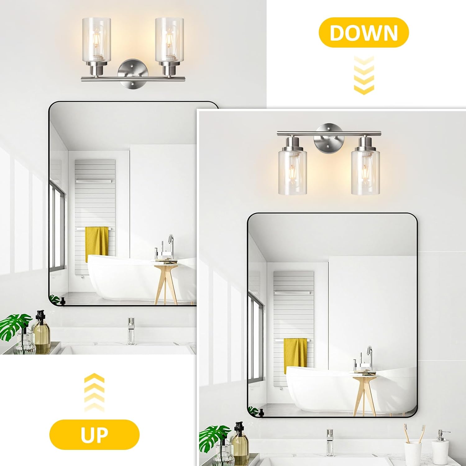 Detalle de Unicozin RJ-WR02 2-Light Vanity Sconce, Brushed Nickel, Clear Glass, E26