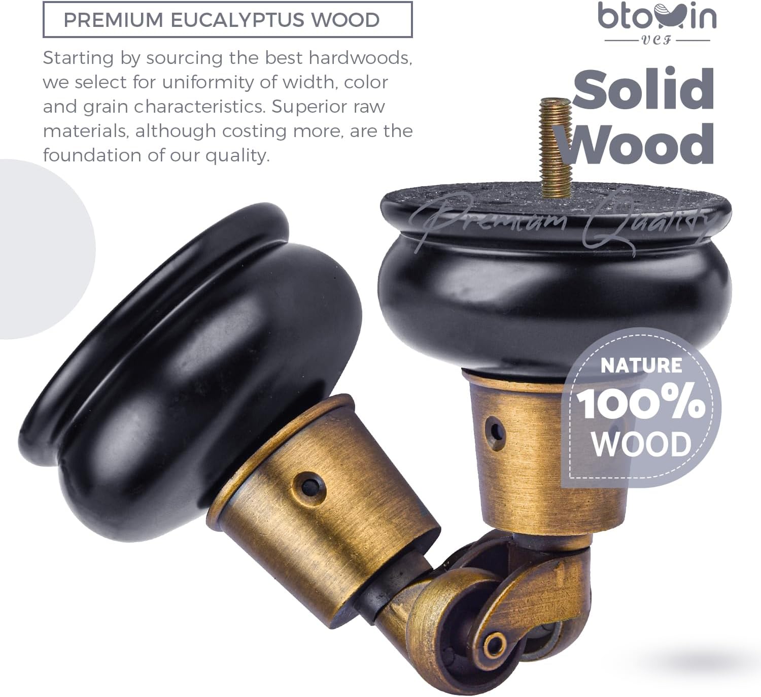 Detalle 2 de Btowin 4-inch Solid Wood Furniture Legs with Swivel Casters, M8 Bolts and Walnut Finish