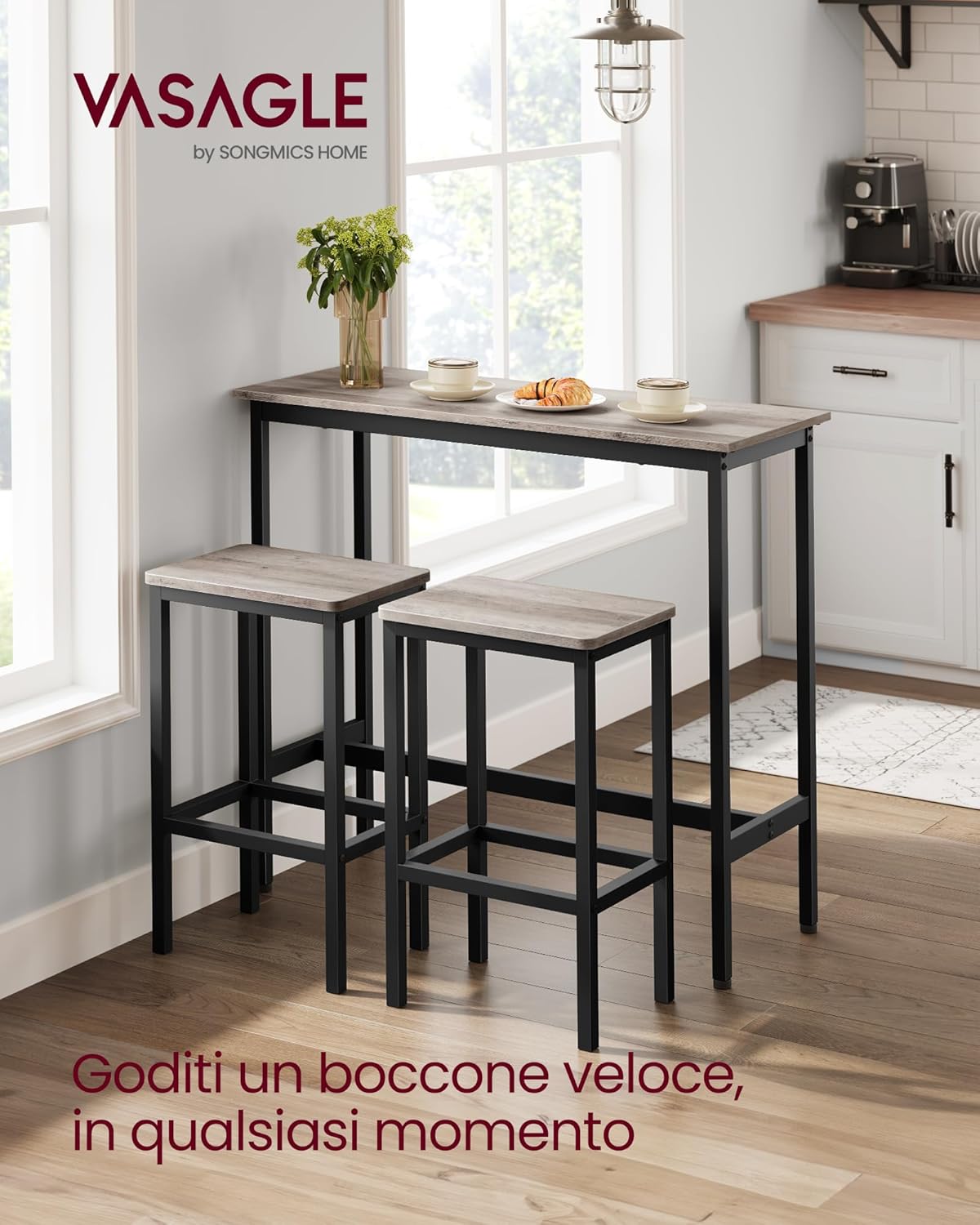 Thumbnail 1 de VASAGLE Tavolo Alto con Set di 2 Sgabelli da Bar LBT218B02: stile industriale per colazioni rapide e momenti di relax