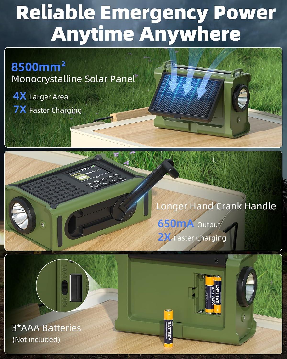 Detalle 2 de 12000mAh Kurbelradio mit DAB+/UKW, Solarpanel und Handkurbel – Notfallradio mit Bluetooth 5.0