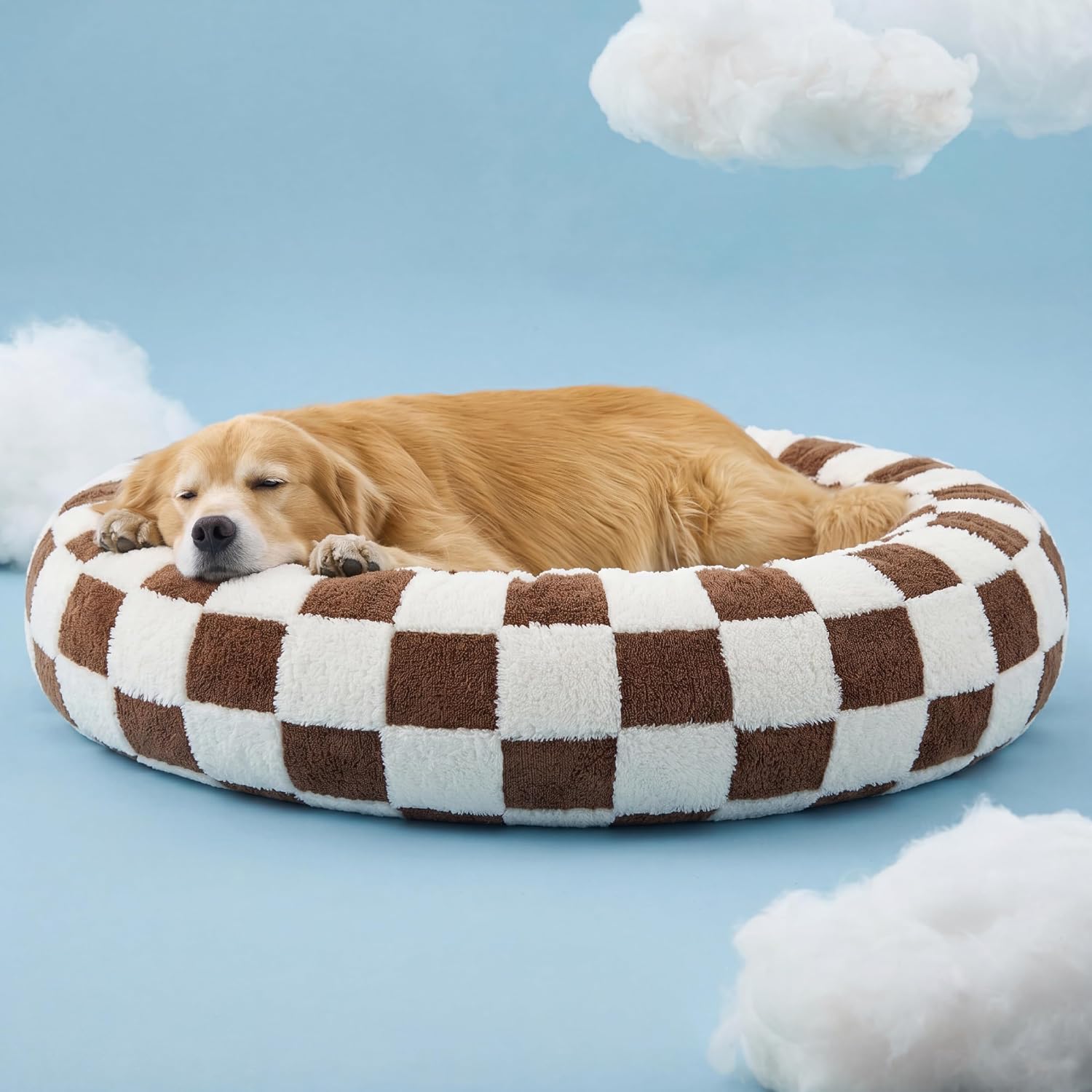 Thumbnail 6 de LE SURE Extra Large Jacquard Donut Dog Bed, Brown Checks, 42 x 42 x 9 in