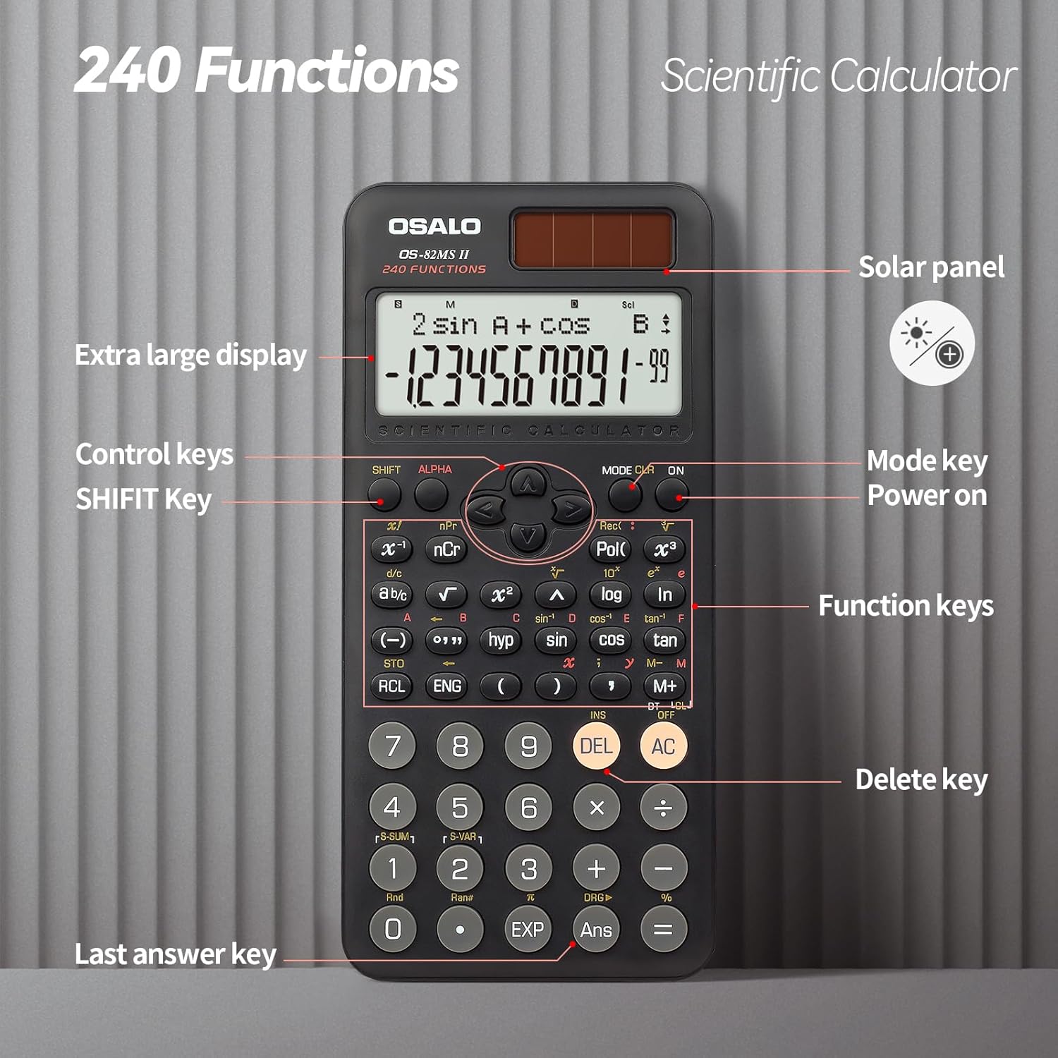 Thumbnail 5 de OSALO Scientific Calculator OS 82MS (2nd Edition) – 240 functions, 2-line display with slide-on cover