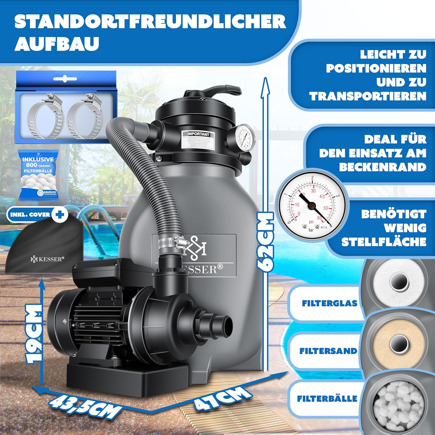 Thumbnail 1 de KESSER Sandfilteranlage (4-Wege Ventil) mit 800 g Filterbällen für Pools bis 10 m³/h – Grau
