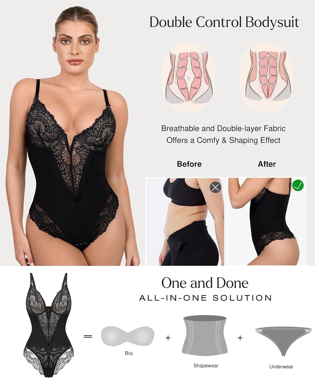 Thumbnail 1 de Popilush Lace Corset Bodysuit for Women, Underwire, Deep V, Low Back