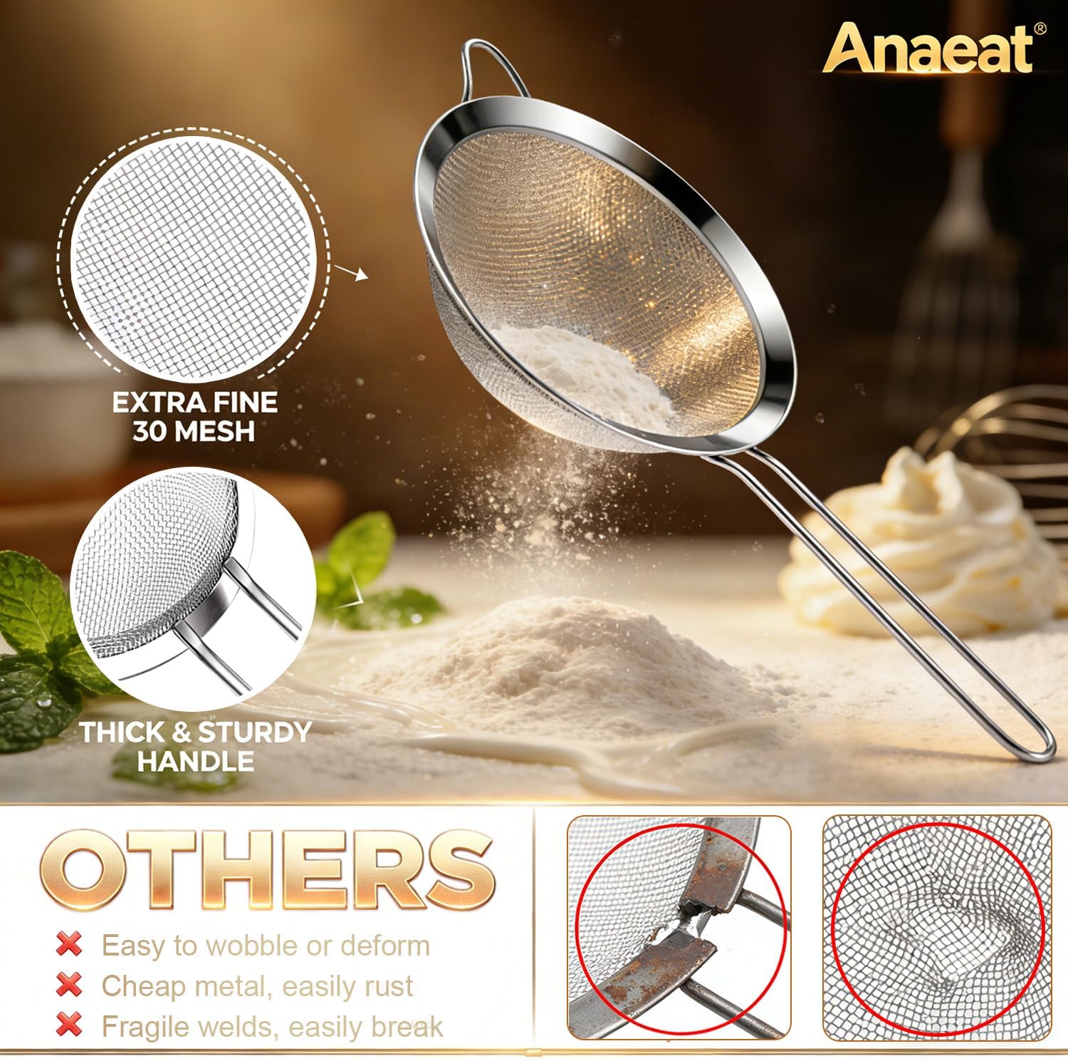 Thumbnail 4 de Anaeat Fine Mesh Strainers (Premium Stainless Steel) – 3 Sieve & Sifter Sizes for Flour, Tea, Pasta & More