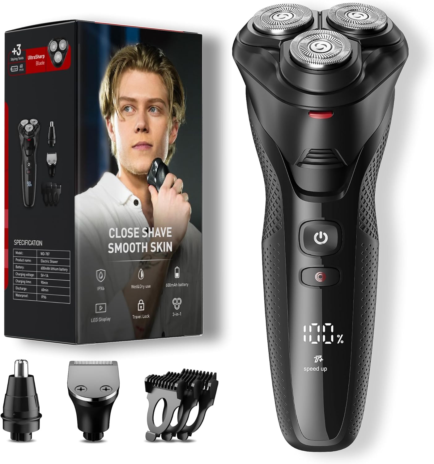 Detalle de Rechargeable Electric Razor for Men: 3-in-1 Shaver with IPX7 Waterproof and USB Charging
