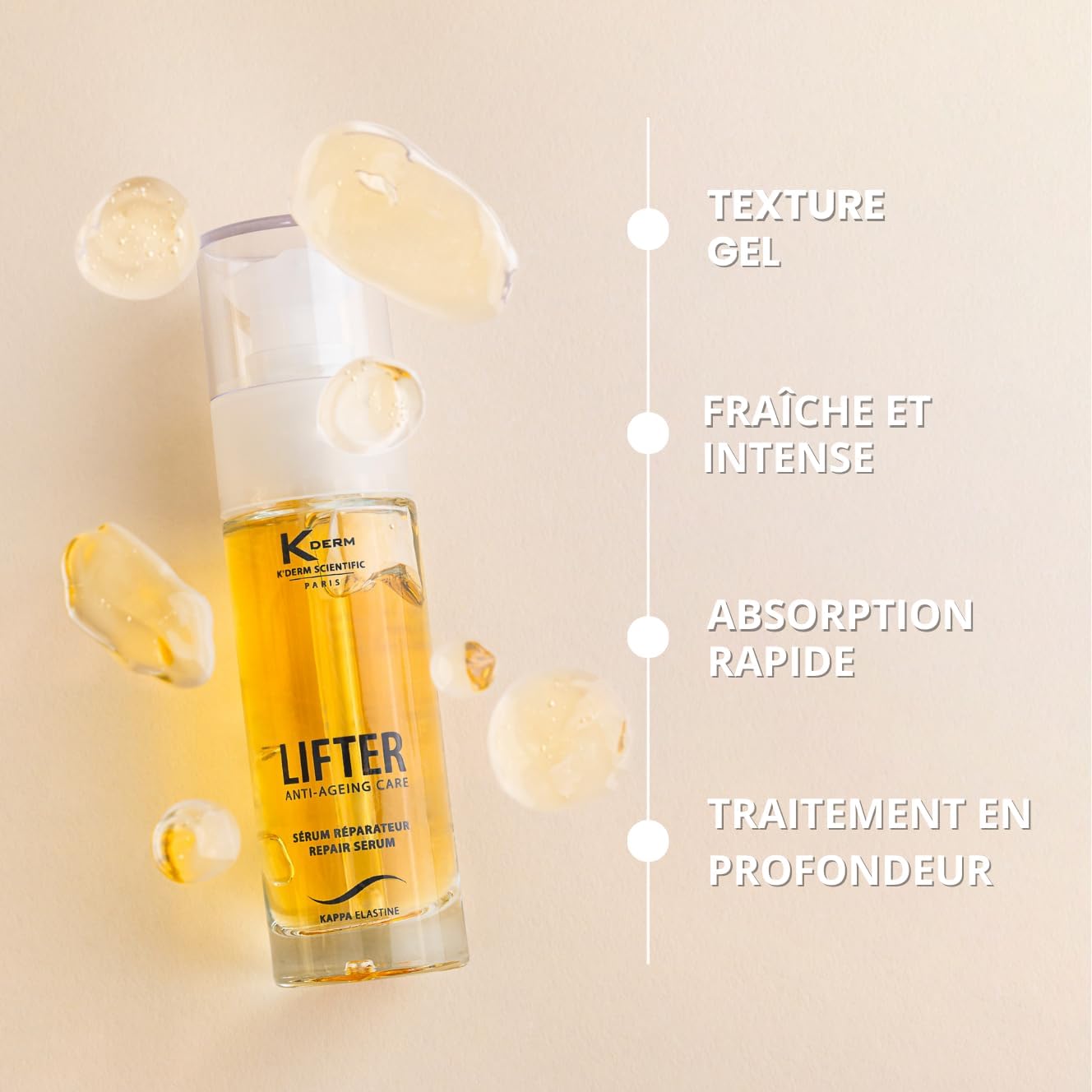 Thumbnail 1 de KDERM K’DERM SCIENTIFIC PARIS Lifter Sérum Gel Réparateur anti-rides à la Kappa-Élastine et Aloe Vera – 30 ml