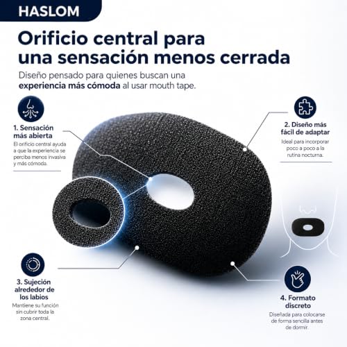 Detalle 2 de HASLOM 60 tiras bucales para dormir negras – Con orificio central y ajuste estable