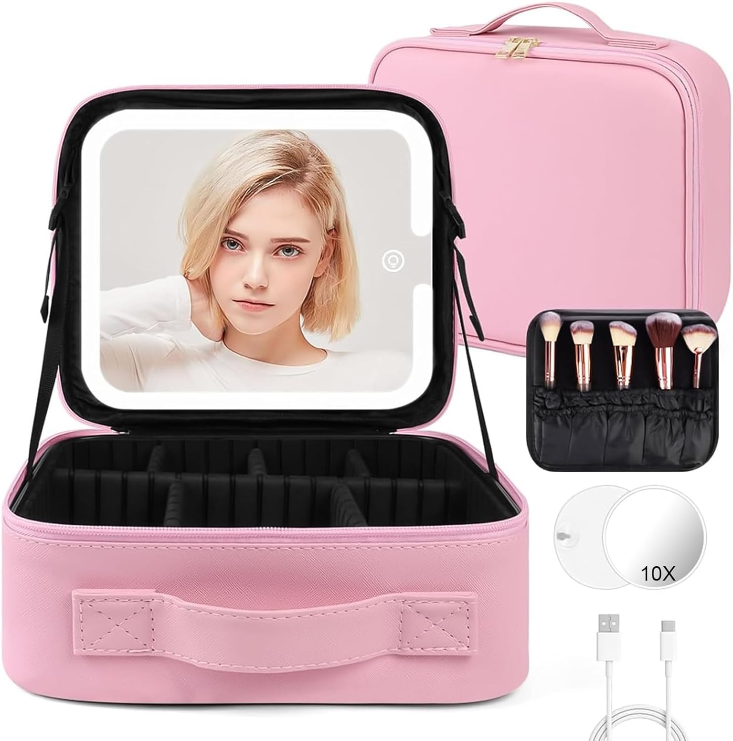 Detalle de OSDUE Trousse de Maquillage avec Miroir Lumière – Trousse de Voyage 3 Couleurs LED, Grand Capacité, Rose