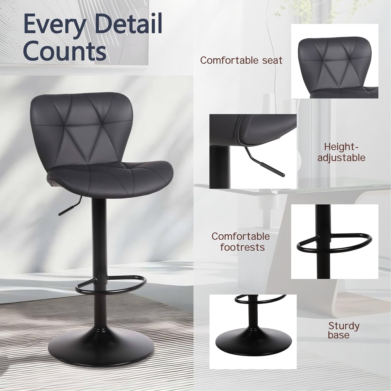 Detalle de Flysky FS-6041BBK Height-Adjustable Swivel Bar Stool, Black Faux Leather
