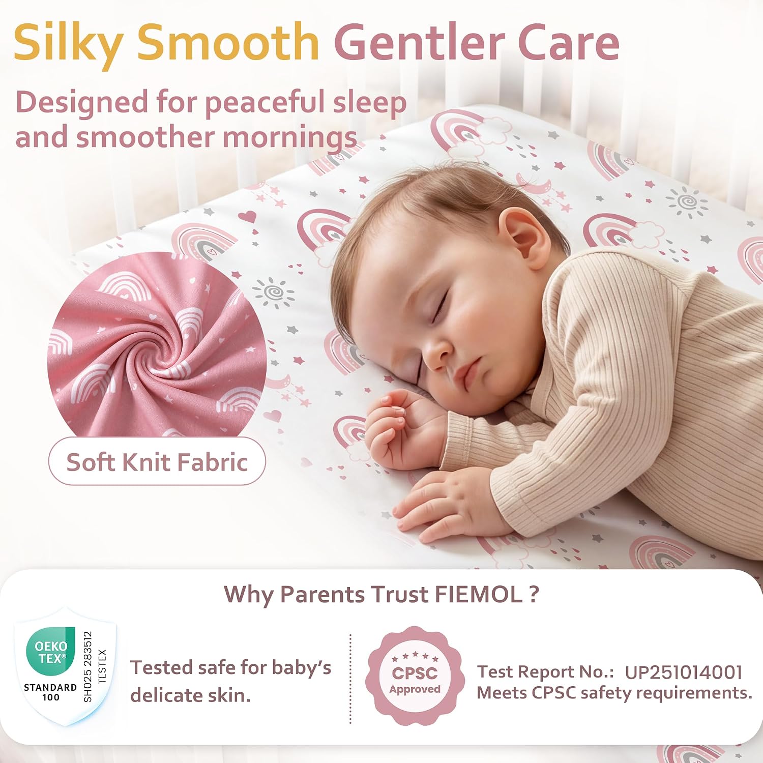 Thumbnail 4 de FIEMOL Baby Crib Sheets Girl, 3 Pack – 52” x 28” Fitted Toddler Bed Sheets in Pink Rainbow