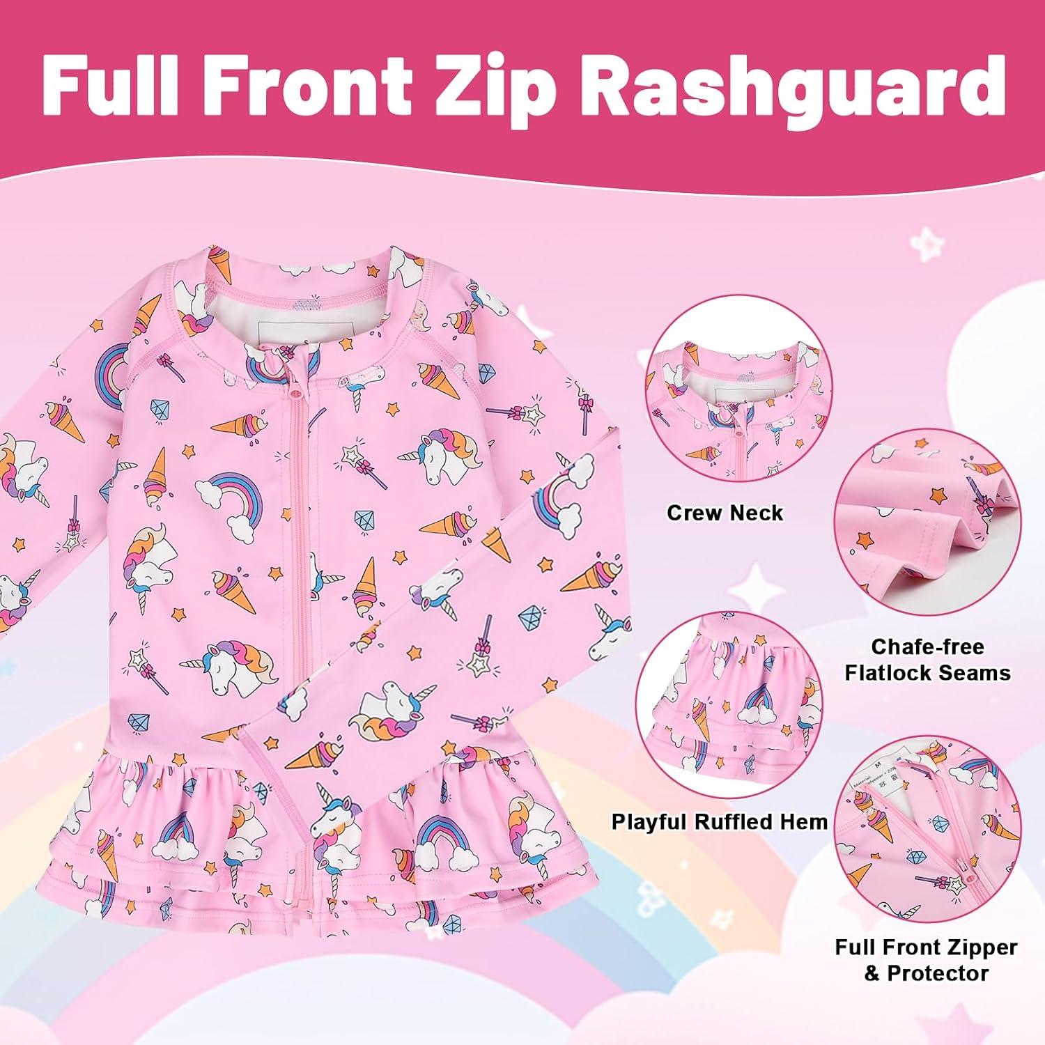 Detalle 1 de FLYISH DIRECT Girls Swimming Costume with UPF 50+ Long Sleeve Rash Vest and Skirt – Ice Cream Unicorn
