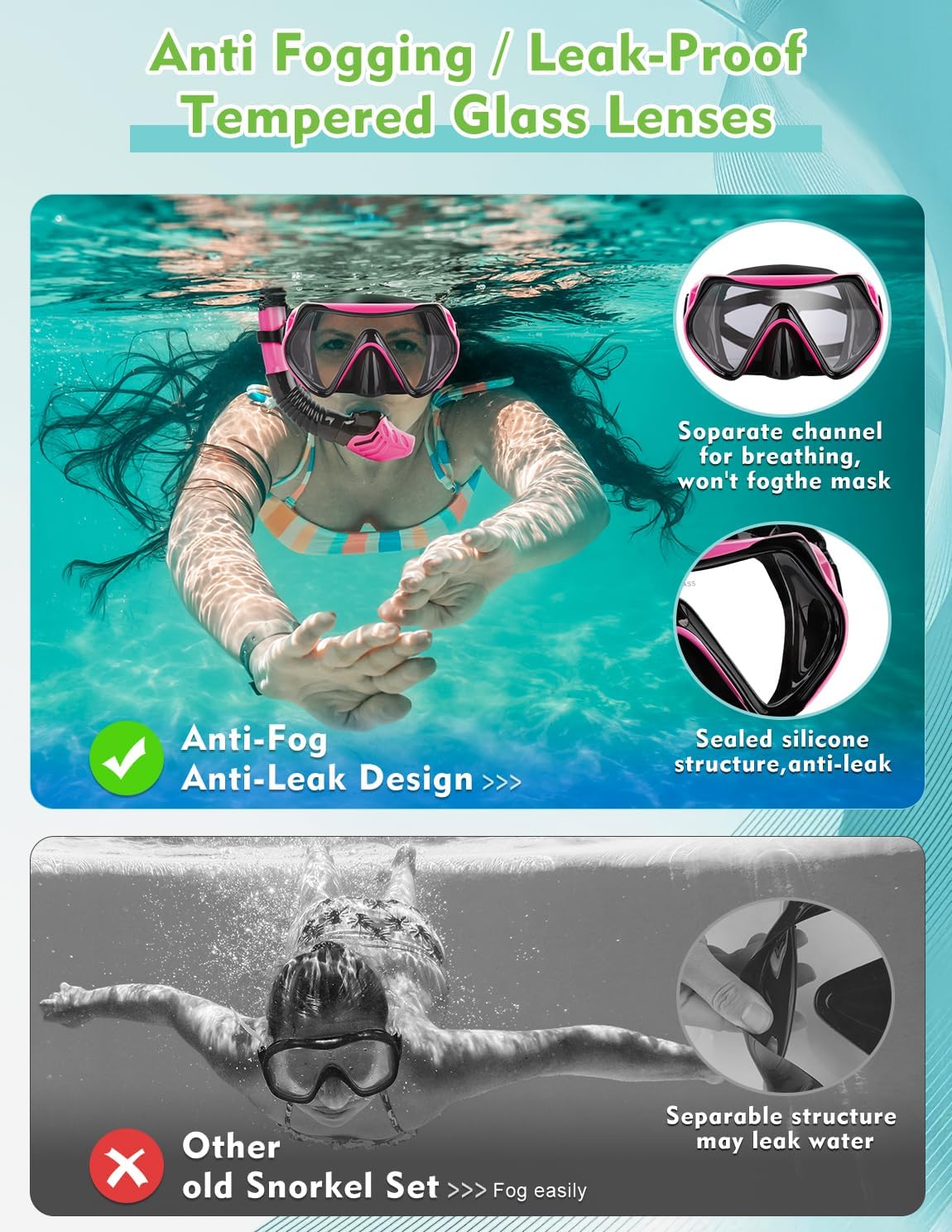 Detalle de Hydomi Snorkel Set for Adults – Comfortable Leak-Proof Mask with 180° Panorama and Dry Top Snorkel